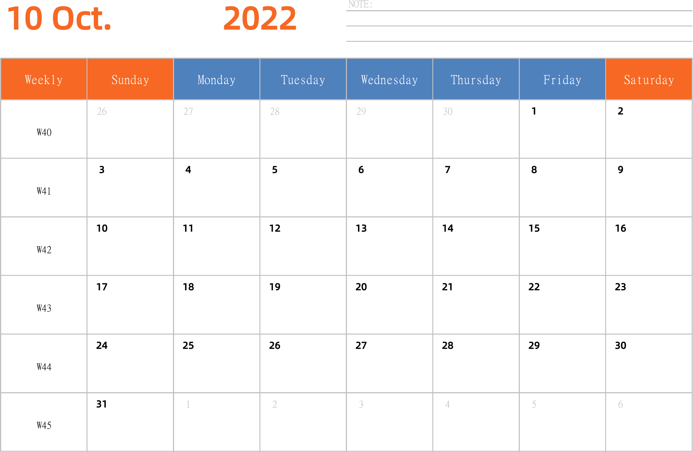 日历表2022年日历 英文版 横向排版 周日开始 带周数